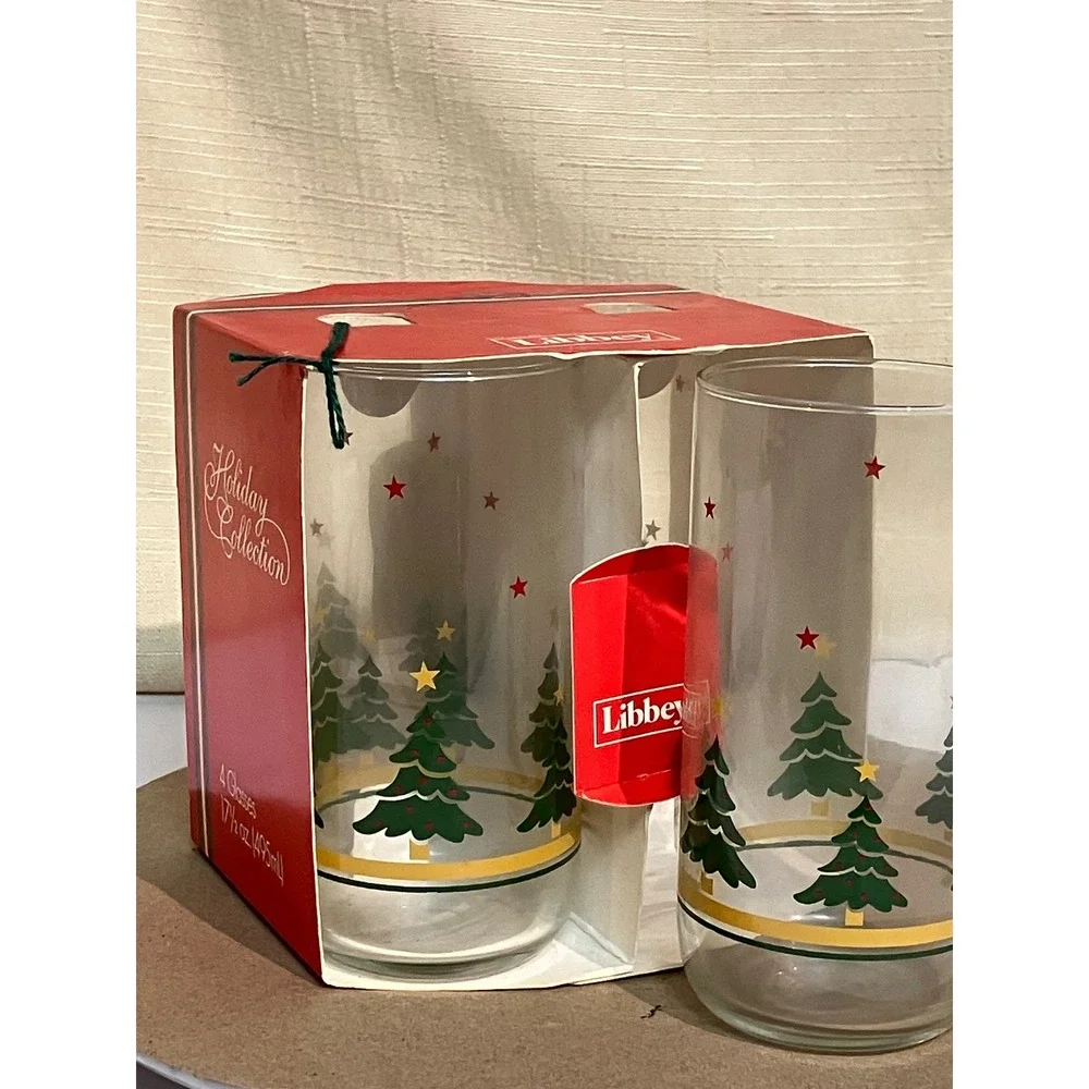 Libbey Glassware 2 Sets of four 17.5oz Clear Excellent Christmas Wreath Tree 8pc